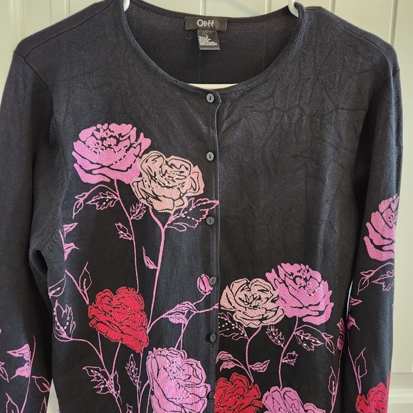 Obee Black Sweater with Pink & Red Roses Beaded 💖 - Picture 2 of 7